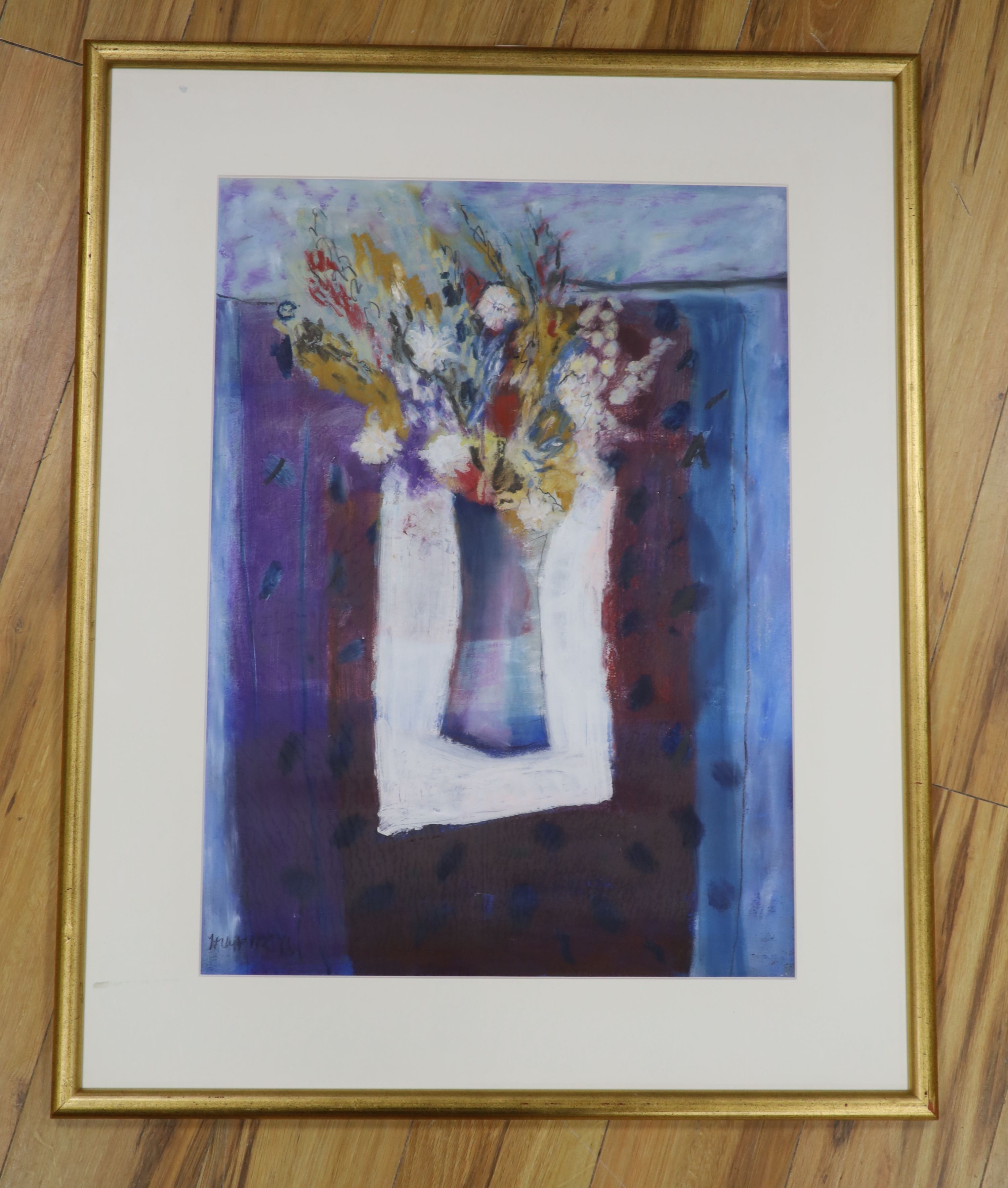 Ian Humphreys(1956-), oil on card, Still life of flowers in a vase, indistinctly, signed, 70 x 50cm